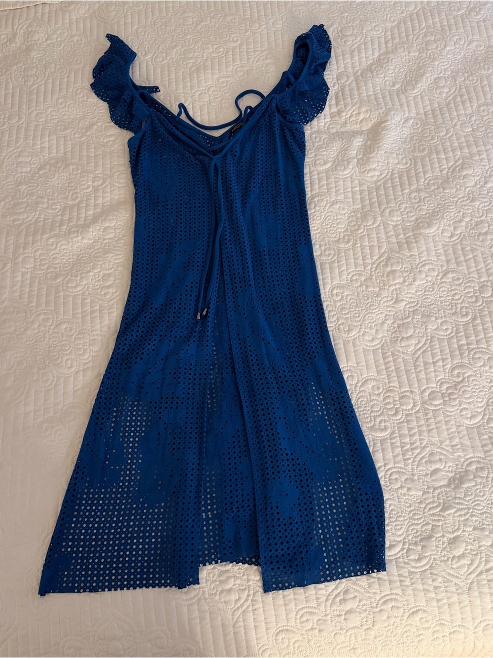 Alberto Makali Royal Blue Laser Cut Faux Suede Ruffle Dress Swim Coverup